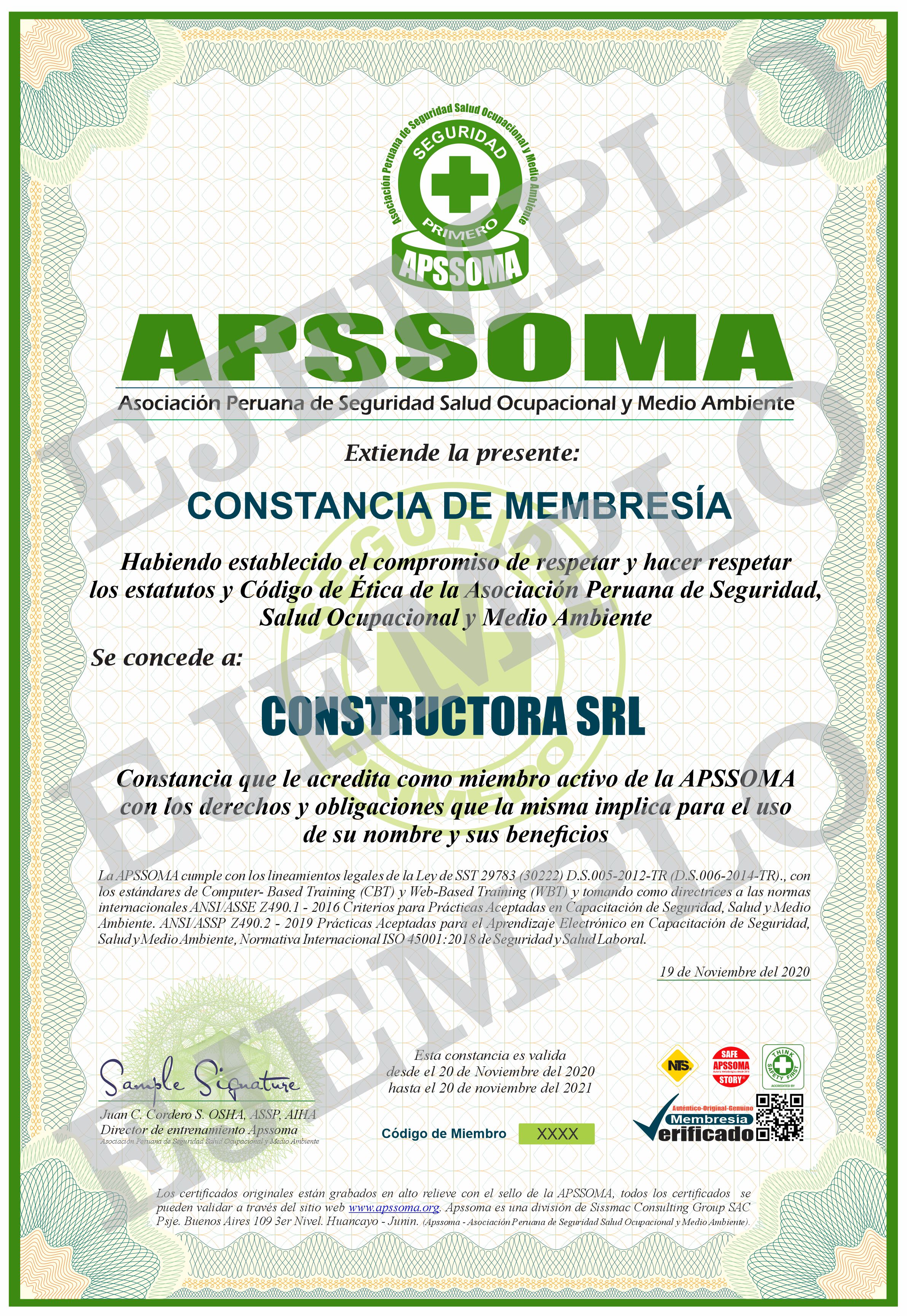 Constancia De Membresía | APSSOMA - N° 1 En Prevención De Riesgos Laborales